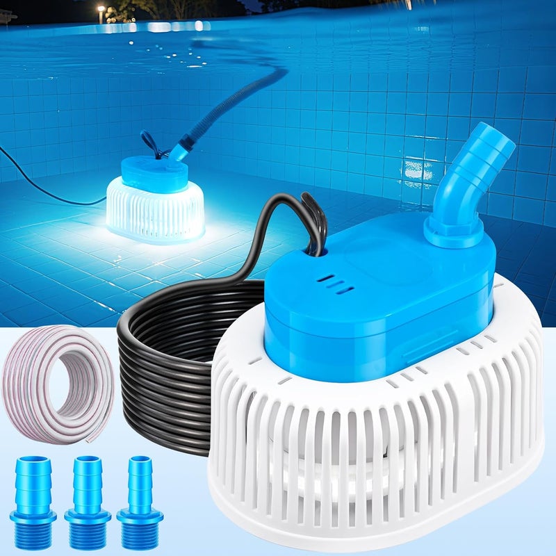 CoolPump Pool Cover Pump with Lights, Above Ground Sump Pump Submersible, Sump Pumps for Pool Draining, Water Removal Pumps with 16ft Drainage Hose & 25 ft Extra Long Power Cord,850 GPH,4 Adapters-Light Blue - Image 1